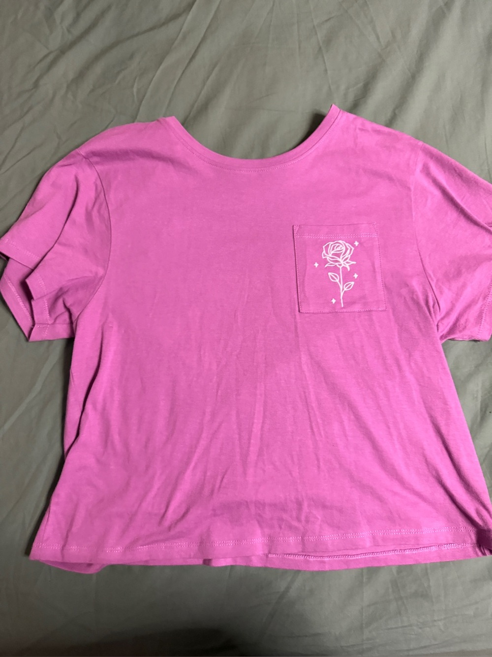 Women's Bright Pink Pocket Tee with White Rose Print